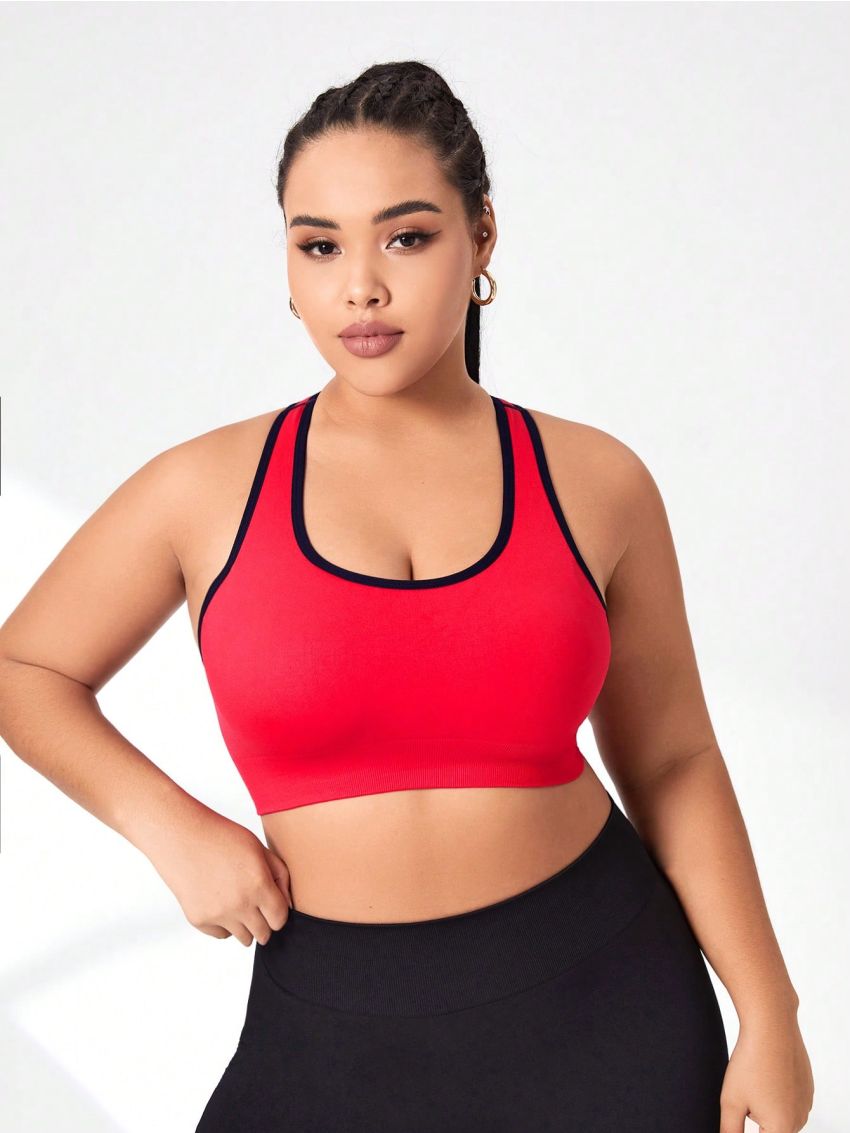 Plus Contrast Binding Cut Out Back Sports Bra