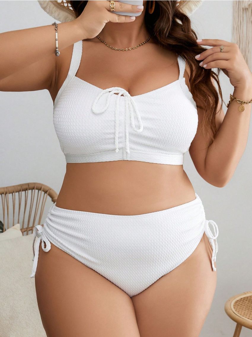 SHEIN Swim Curve Plus Drawstring Front Tie Side Bikini Swimsuit,Summer Beach