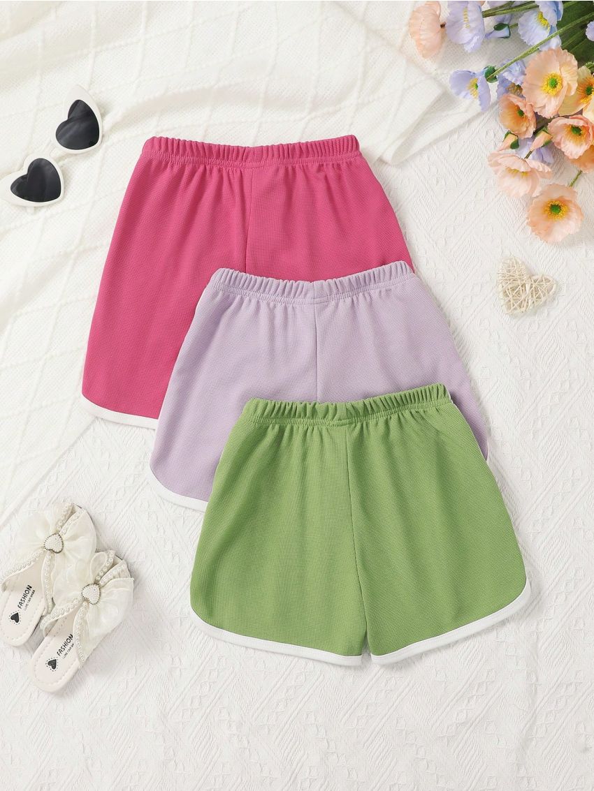SHEIN Kids EVRYDAY Toddler Girls' 3pcs Plaid Waffle Shorts Set