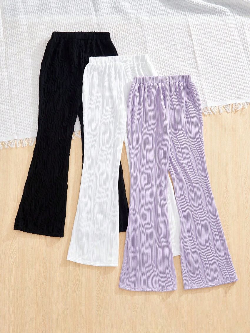 SHEIN Kids Nujoom Big Girls' Leisure Textured Fabric Weaving Decoration Multi-Piece Set Long Pants