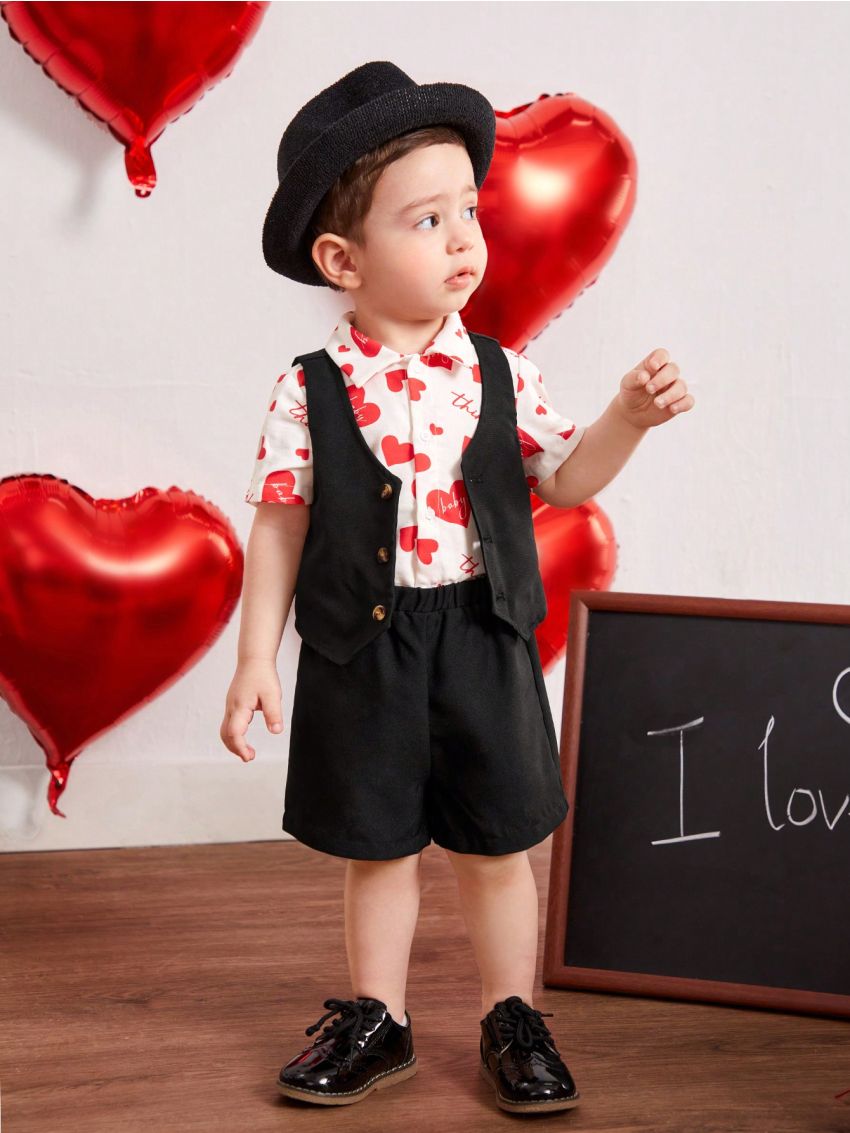 SHEIN Baby Boys' Gentleman Outfits, Heart Pattern Casual Shirt, Solid Color Vest, Shorts, 3pcs/set
