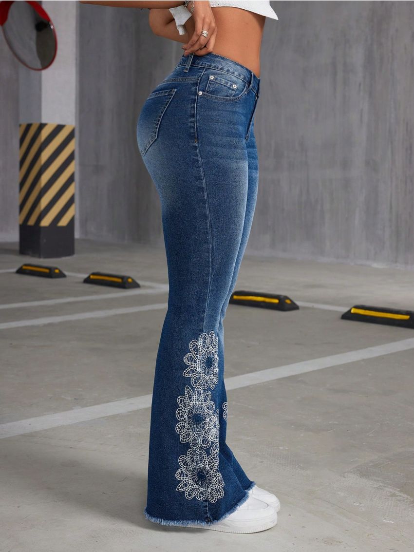 SHEIN ICON Women'S Floral Embroidery Flare Jeans