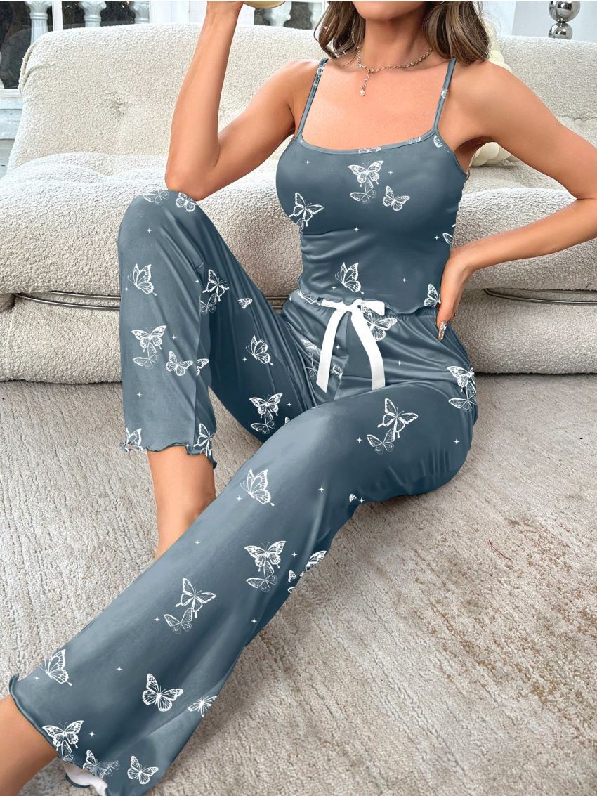 Butterfly Printed Cami Tank Top And Long Pants Pajama Set