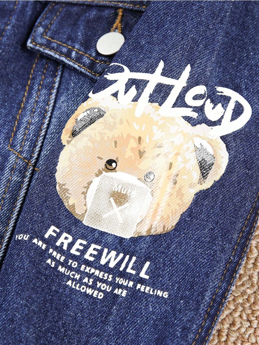 Toddler Boys' Denim Jacket With Letter & Little Bear Print And Distressed Detailing
