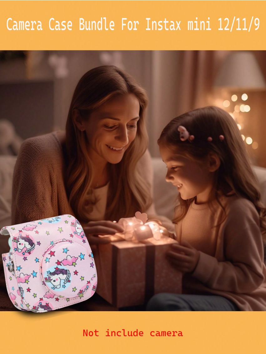 Protective PU Case for Fujifilm Instax Mini 12/11/8/9 Instant Camera, Premium Vegan Leather Bag Cover Gift Outdoor Black Geometry