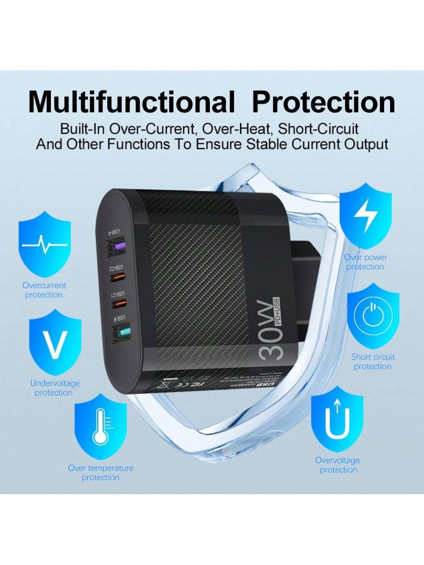 Black 3.5a Phone Charger, Multi-interface 2 Type-c Pd+2usb Charging Head, Portable Charger, Compatible With Xiaomi/huawei Adapter