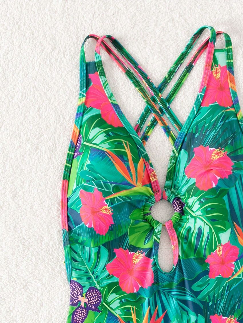 SHEIN Swim Summer Beach Tropical Printed Hollow Out One-Piece Swimsuit