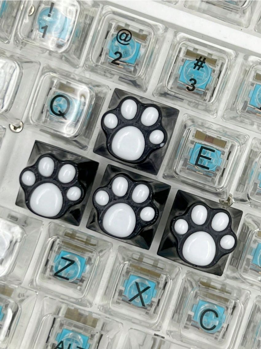 4pcs Cute Black Anti-scratch Translucent Abs Resin Cat Paw Design Keycaps For Mechanical Keyboard Accessories