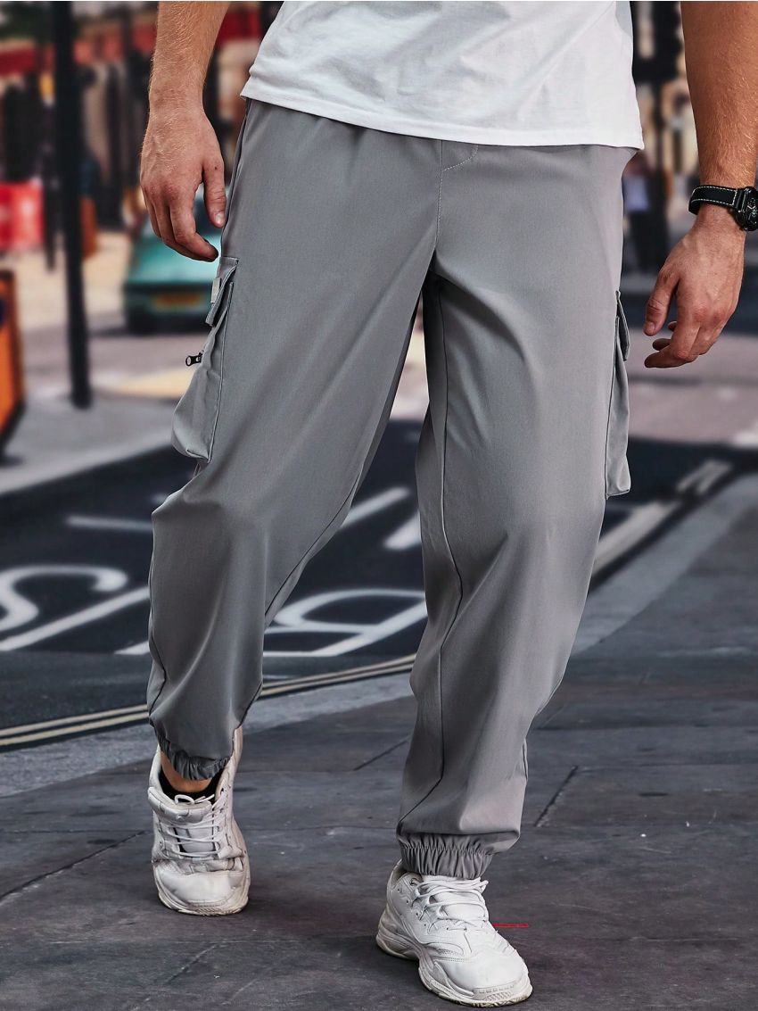 Men Plus Flap Pocket Drawstring Waist Cargo Pants