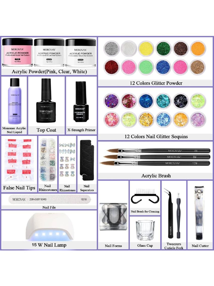 Morovan Acrylic Nail Kit - 27 Colors Nails Kit Acrylic Set with U V Light Acrylic Nail Set Practical Powder Glitter Sequins Nail Kit Set Professional Acrylic