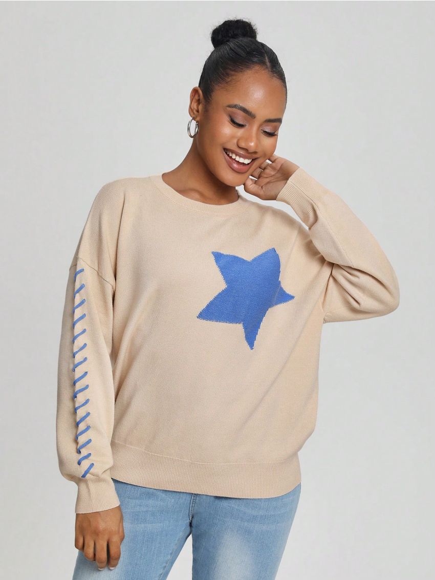 Threesuture Star Pattern Round Neck Drop Shoulder Sweater