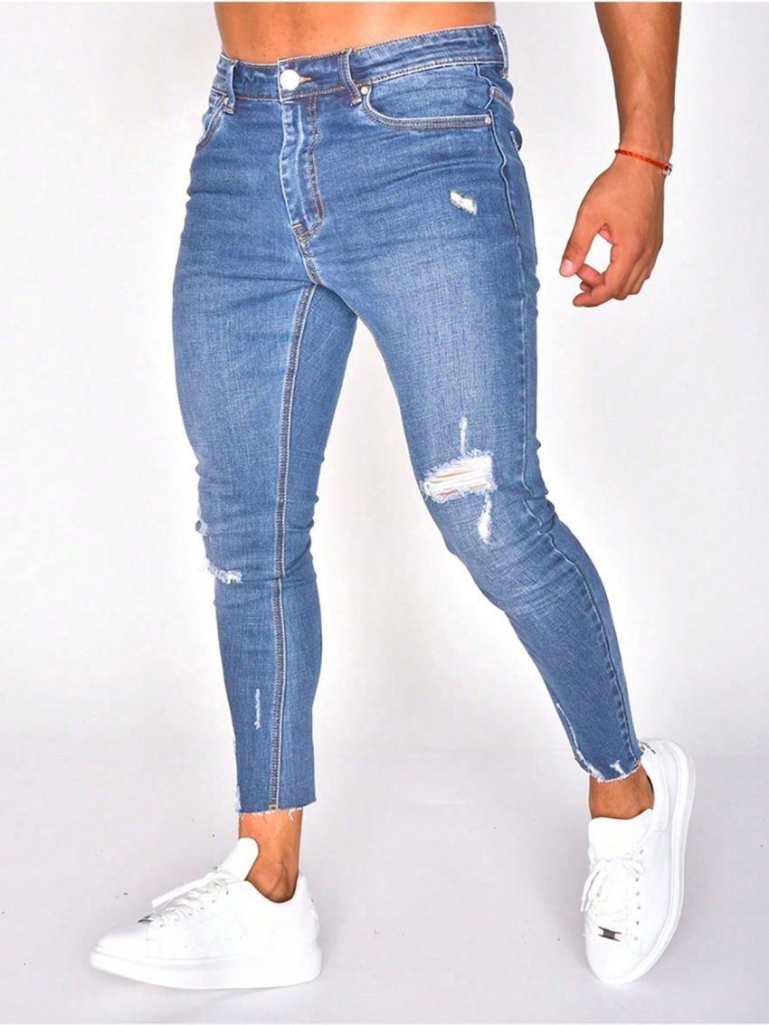 Men Ripped Raw Cut Skinny Jeans