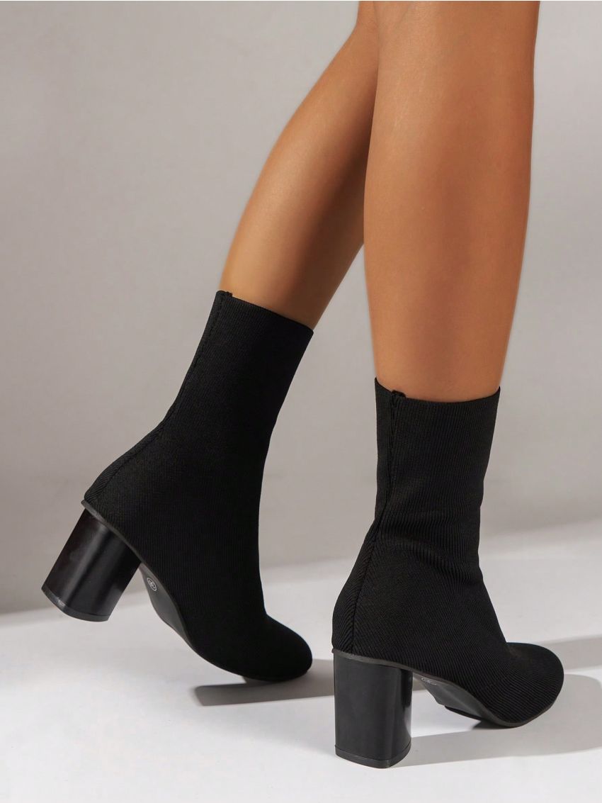 Women's Knit Boots, Christmas 2023 New Mid-calf High-heel Black Fashionable Boots, Women's Autumn Winter Unique Heel Ankle Boots To Look Taller And Slimmer, Women's Short Boots, Black Friday Activity Boots For Women's Holiday Season Style