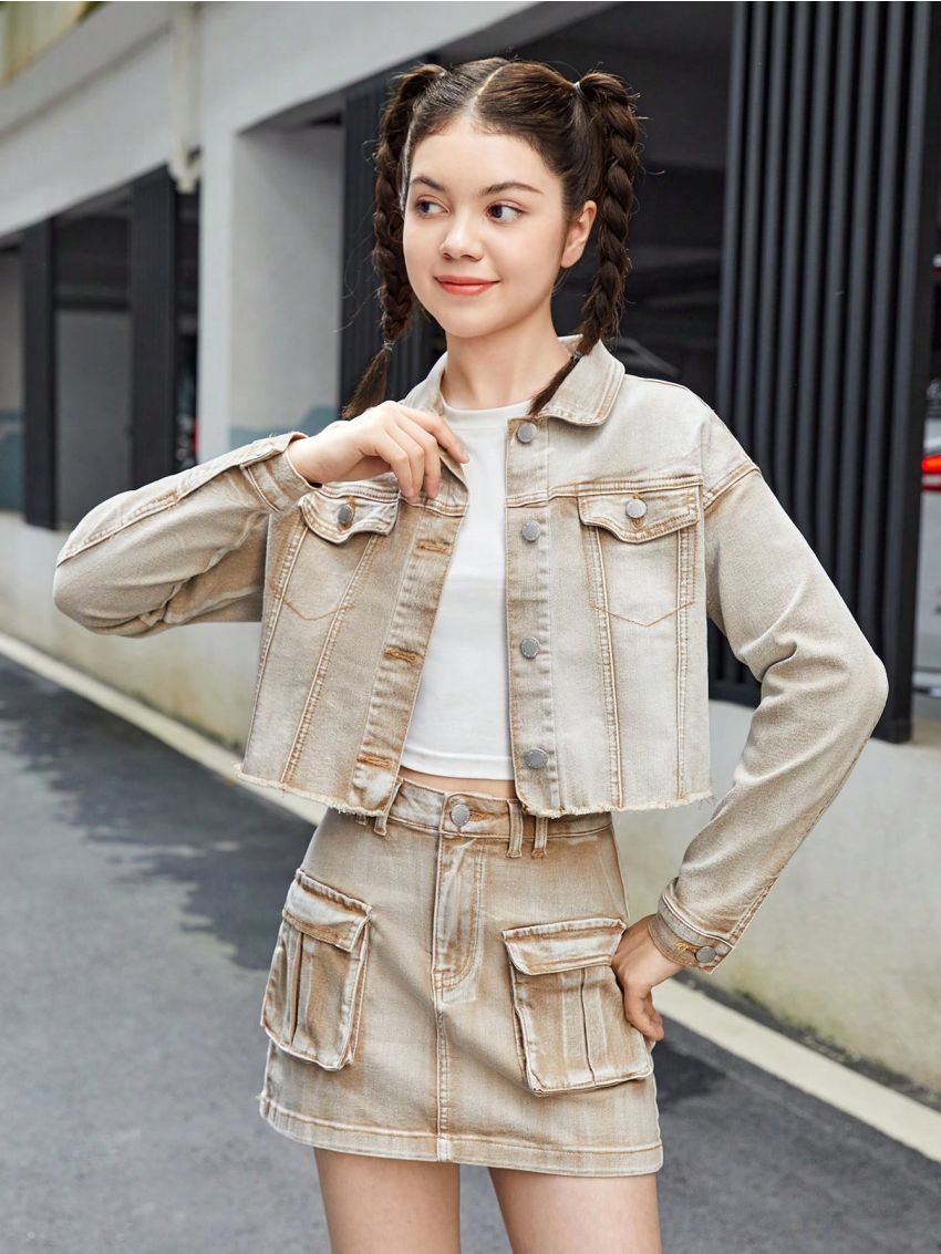 SHEIN Teen Girls' Casual Loose Fit Long Sleeve Turn-Down Collar Denim Jacket