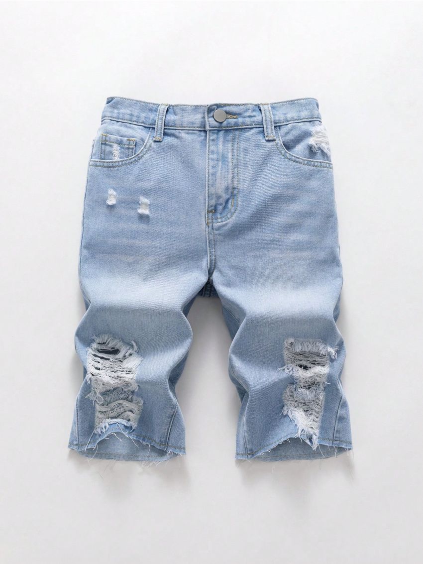 Tween Boys' Loose Fit Frayed Hem Light Wash Ripped Denim Shorts