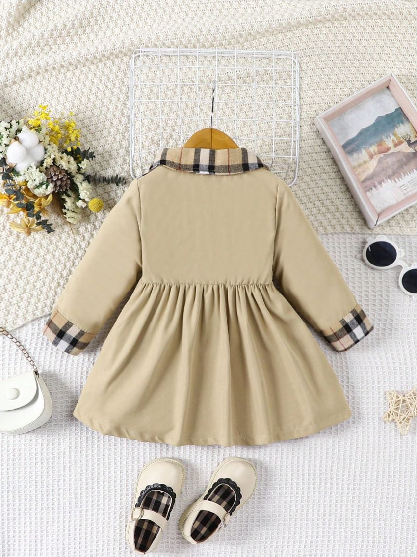 Baby Girl Plaid Double Breasted Contrast Collar Dress