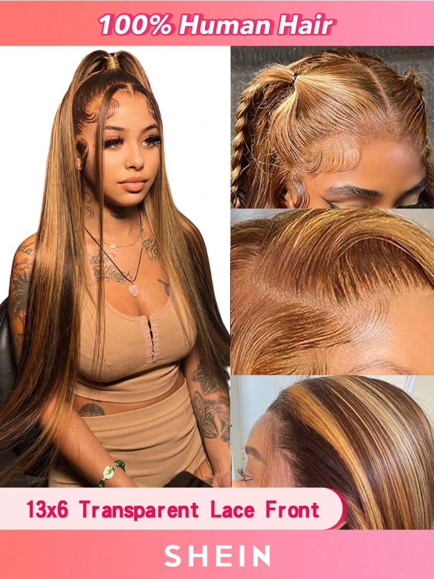 Transparent Lace Ombre Honey Blonde Piano Color Straight 13*6 Lace Front Wigs Highlight 4/27# Human Hair Wig Pre Plucked For Women