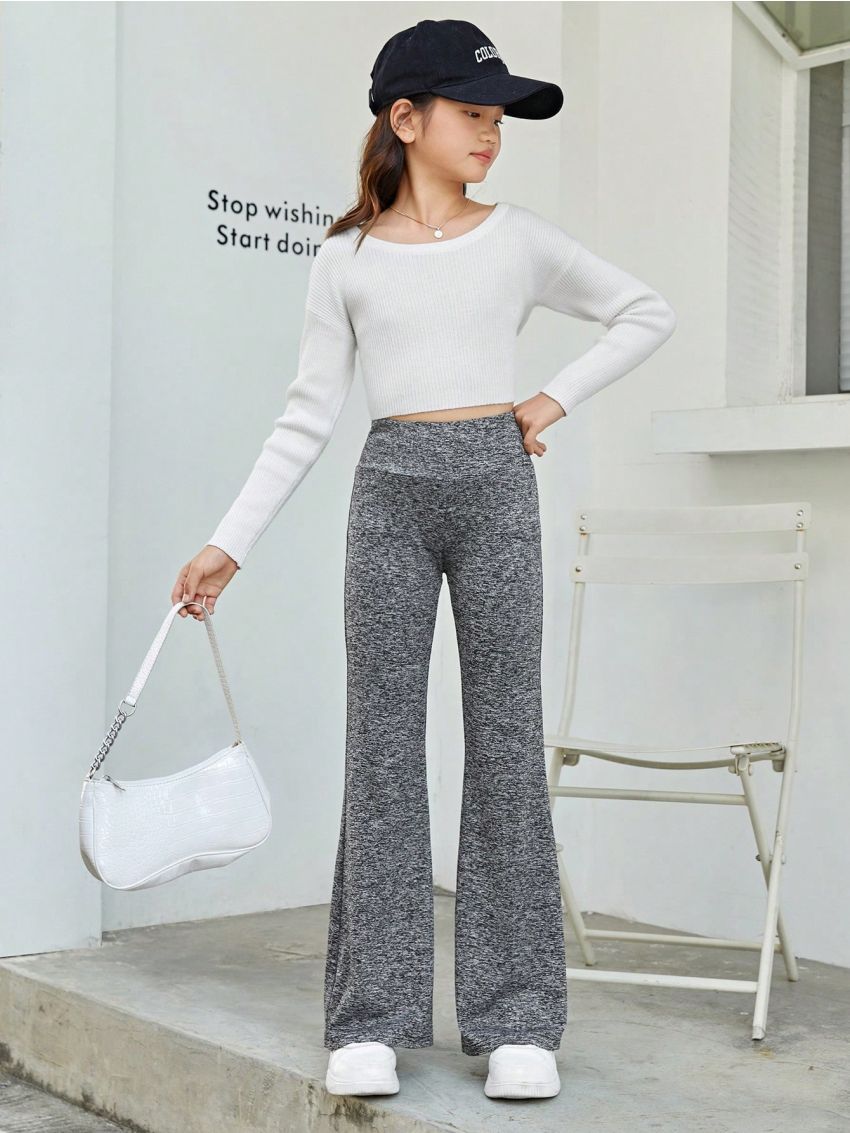 SHEIN Kids EVRYDAY Girls' Knit Solid Color Flared Pants, Comfortable Leisure Trousers
