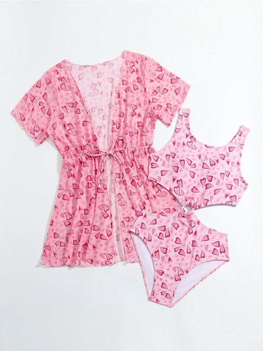 Teenage Girls' Heart Print Hollow Out One Piece Swimsuit