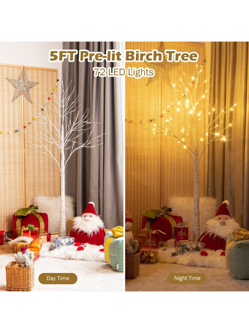 Costway 5ft Pre-lit White Twig Birch Tree for Christmas Holiday w/ 72 LED Lights