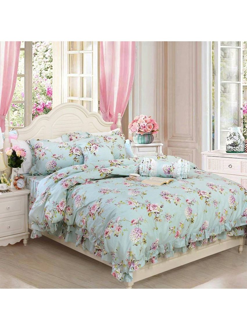 4-Pieces Shabby Floarl Cotton Bedding Set Light Blue Hydrangea Print Duvet Cover Set with Bedskirt French Country Style with Ruffle -1 Duvet Cover, 1 Bedskirt, 2 Pillowshams