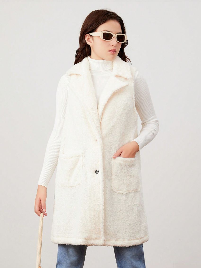 Teen Girl Lapel Neck Dual Pocket Fuzzy Vest Coat