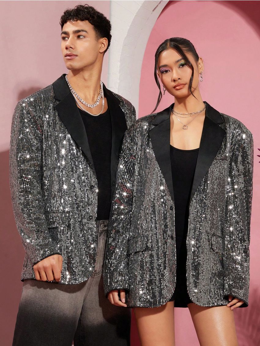Manfinity Unisex 1pc Men's Loose-Fit Blazer With Glitter Splice Design