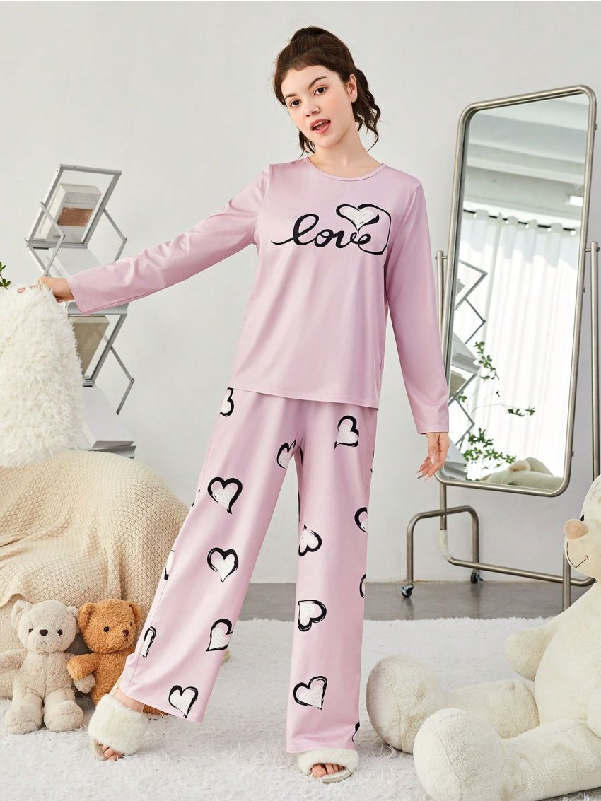 SHEIN Teenage Girls' Knitted Letter & Heart Pattern T-shirt And Long Pants Casual Home Outfit