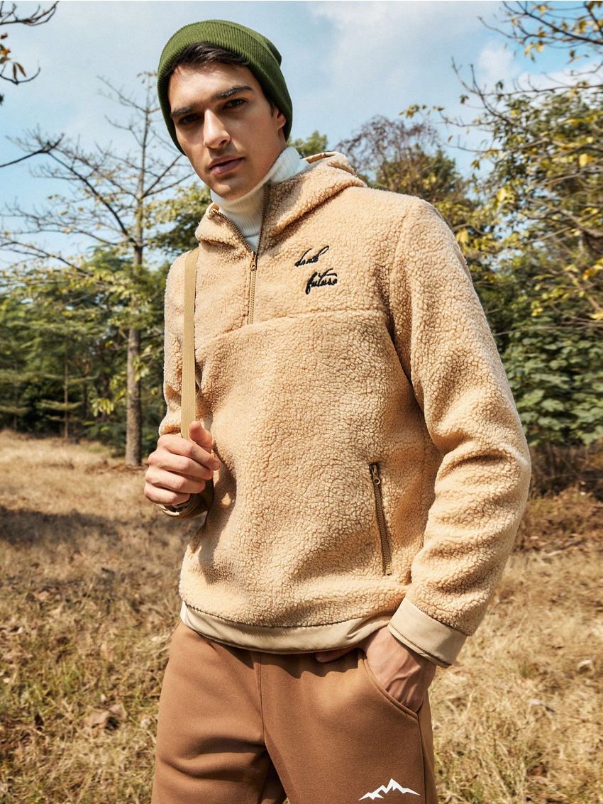In My Nature Men's Outdoor Sherpa Fleece Hoodie Jacket With English Embroidery And Zipper Detail