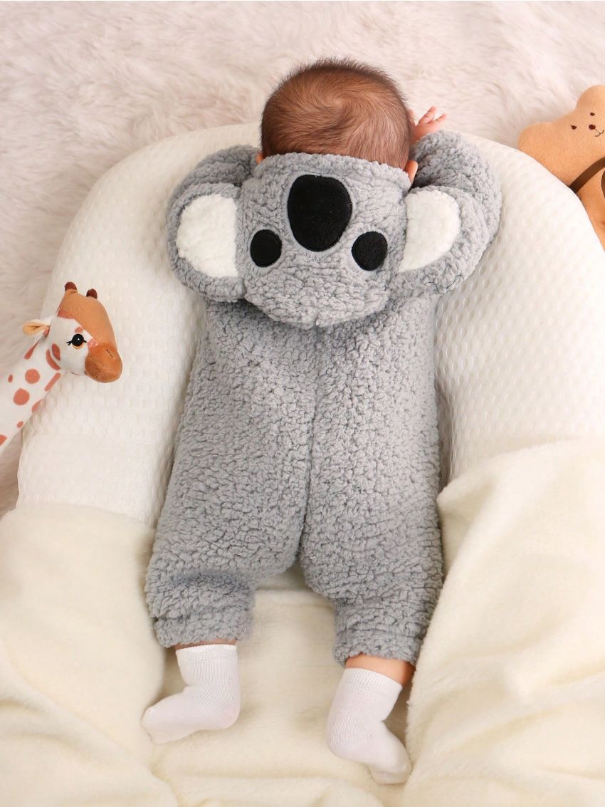SHEIN Baby Boy Colorblock 3D Ear Design Hooded Plush Sleep Jumpsuit