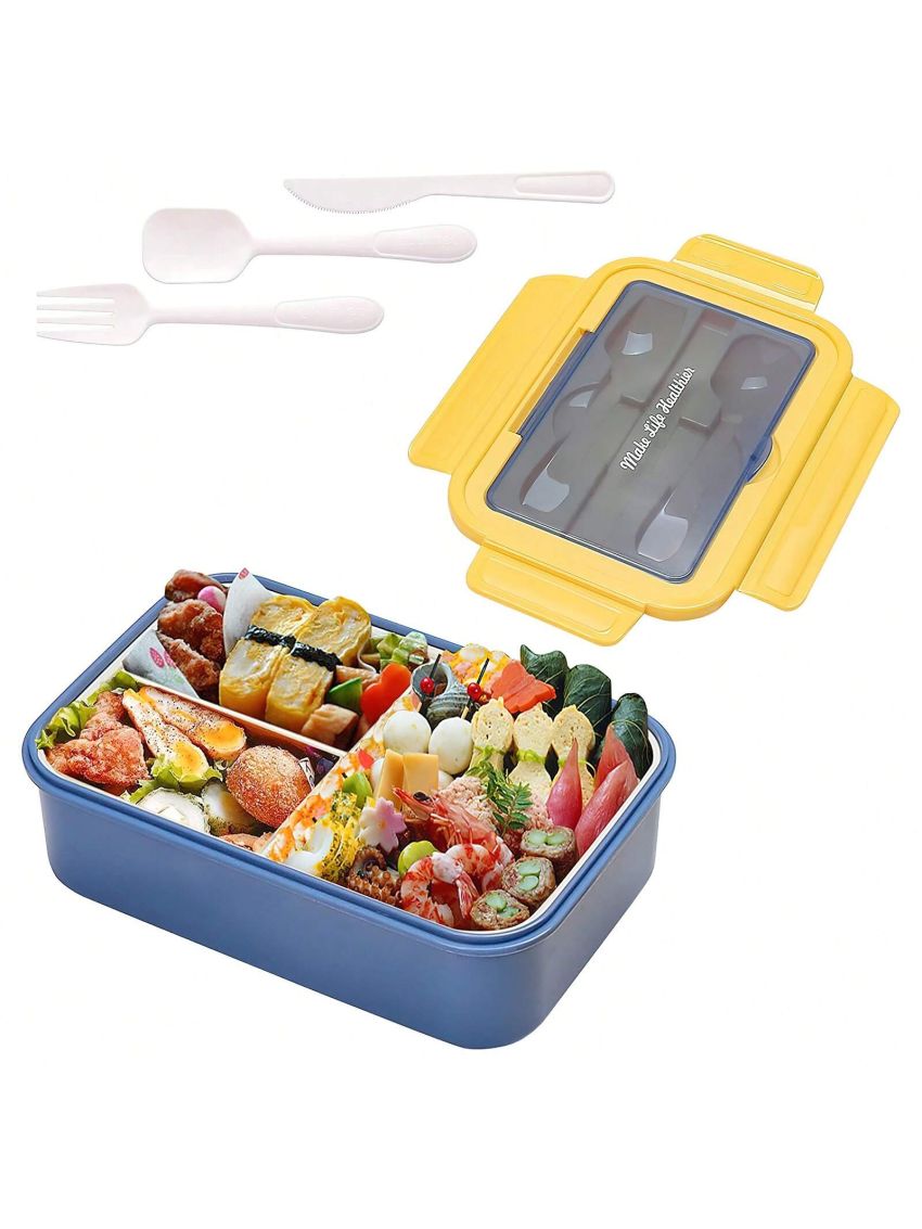 Bento Box for Adult, Lunch Box with 3 Compartments, Cutlery & Set of Knife and Fork, Large Dip Container, Cute Bento Box with Insulation Bag Optional, Phone Holder for Dining