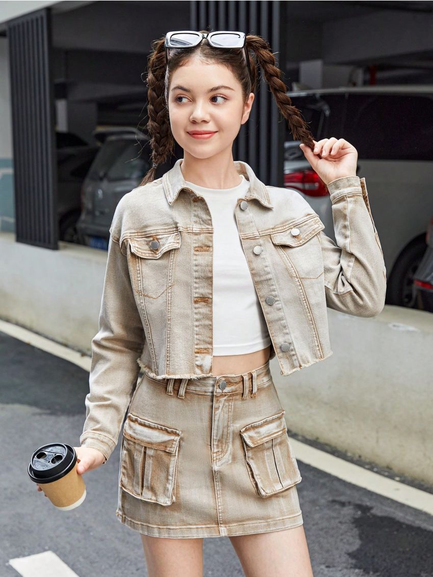 SHEIN Teen Girls' Casual Loose Fit Long Sleeve Turn-Down Collar Denim Jacket