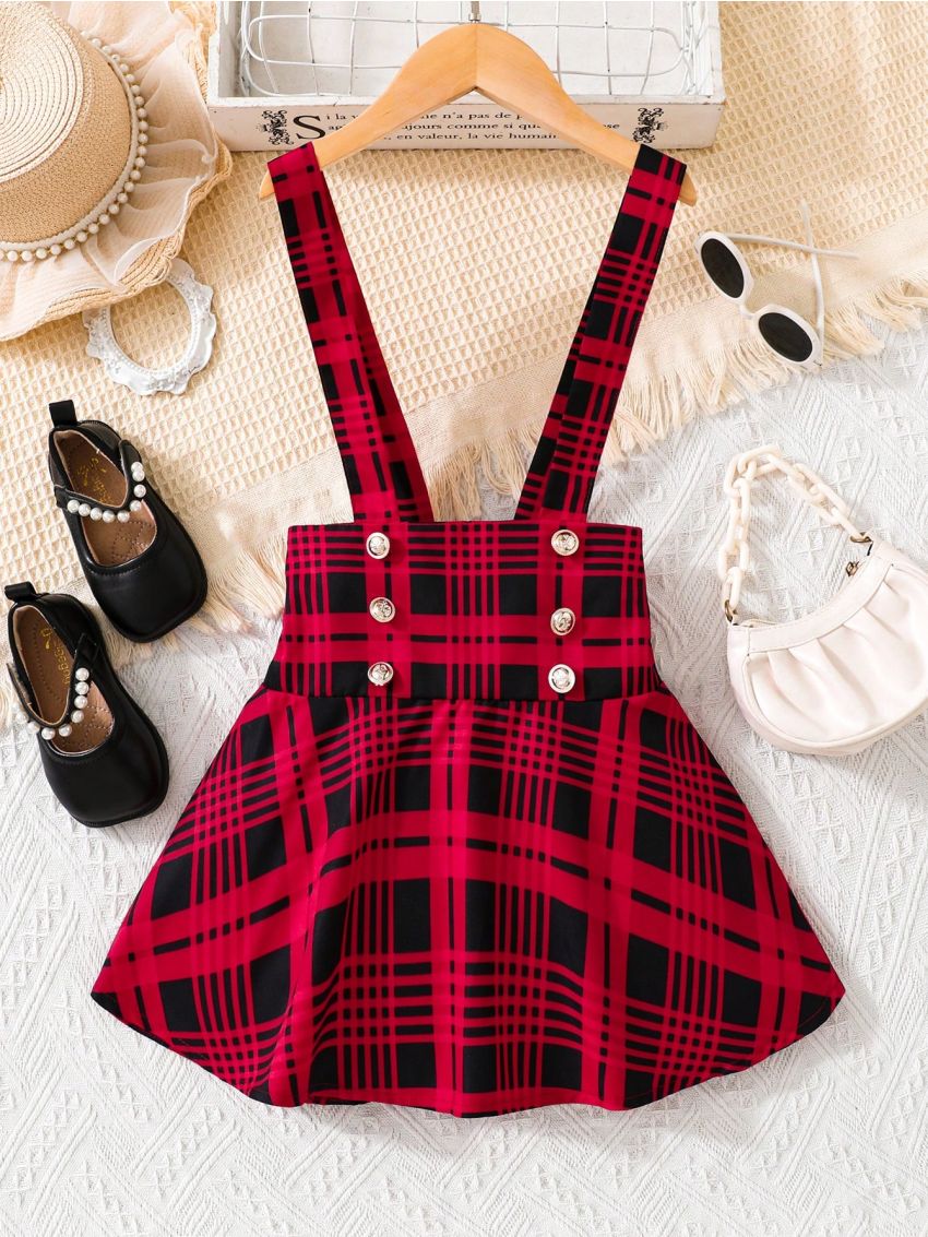 SHEIN Kids FANZEY Toddler Girls' Sweet Red Plaid Overall Skirt With Suspenders Perfect For Autumn