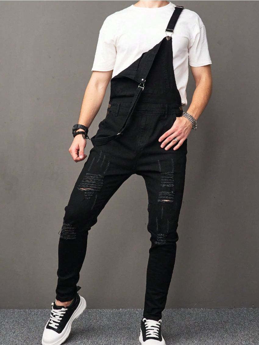 Men Ripped Pocket Front Denim Overalls Without Tee