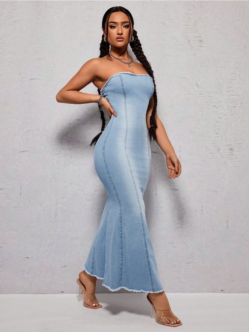 SHEIN ICON Strapless Denim Mermaid Dress