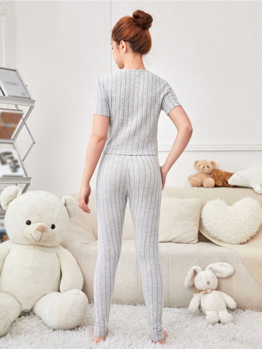 SHEIN Teen Girls' Rib Knitted Fleece Solid Color V-Neck T-Shirt And Pants Casual Home Outfit