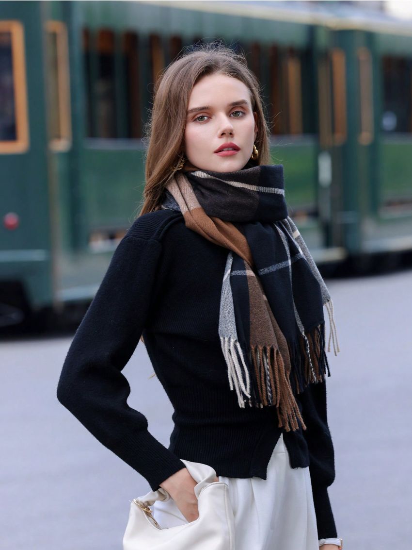 1pc Women's Plus Size Plaid Cashmere-like Warm Fringed Scarf Shawl, Suitable For Daily Wear
