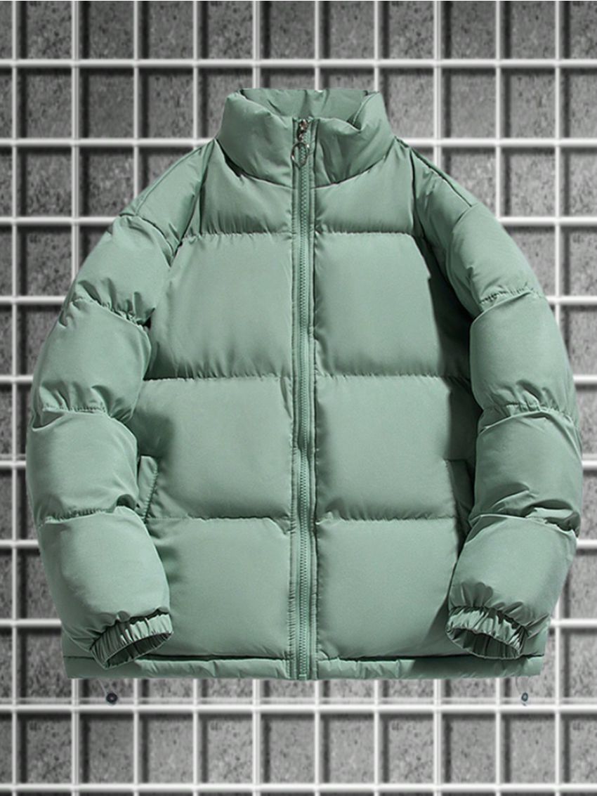 Manfinity Men'S Plus Size Solid Color Zipper Closure Stand Collar Coat Jacket