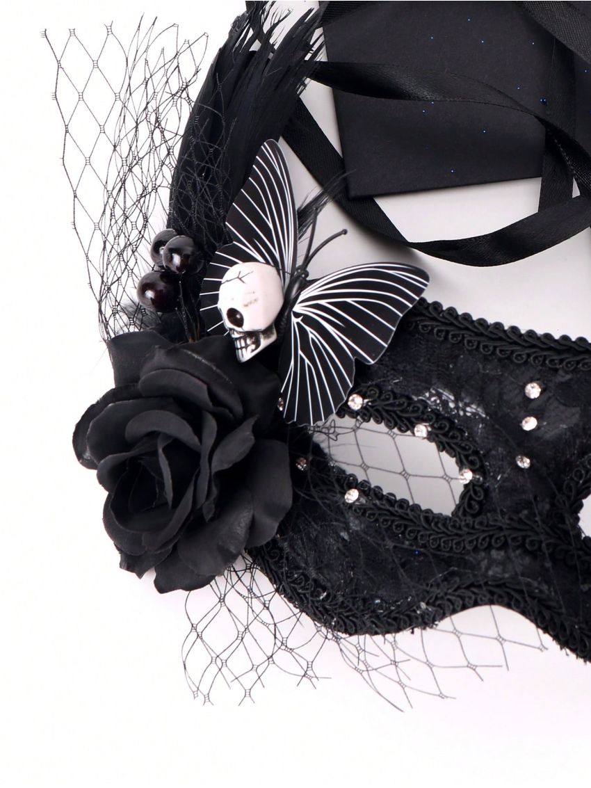 1pc Ladies' Black Lace Mask With Butterfly & Black Rose & Poultry Feather & Large Hole Net Yarn & Black Berry For Party, Cosplay And Halloween Decoration