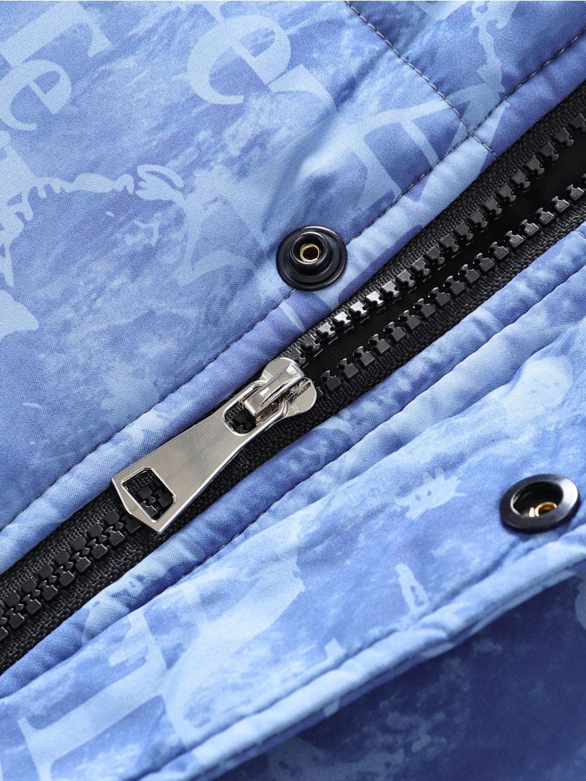 Men's Plus Size Blue Coat With Letter Print