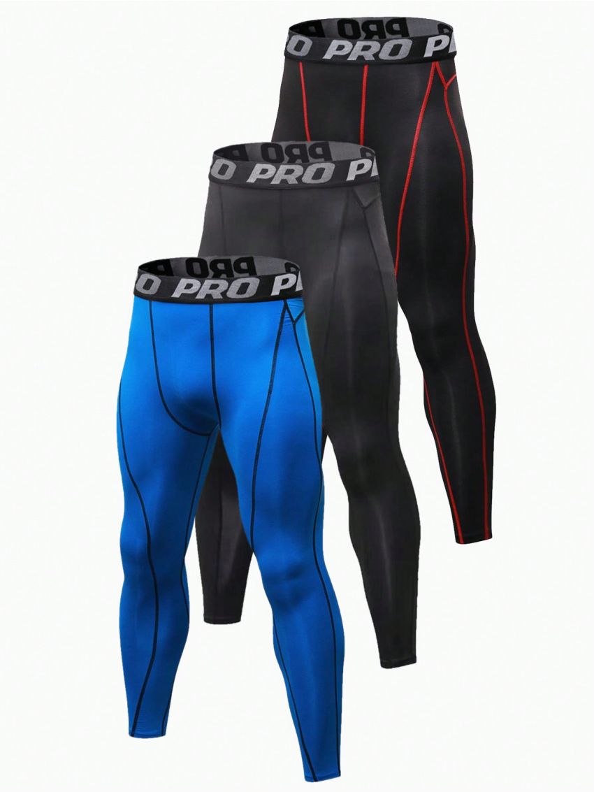 3pcs/Set Men'S Color Block Letter Pattern Sports Leggings With Rolled Edges