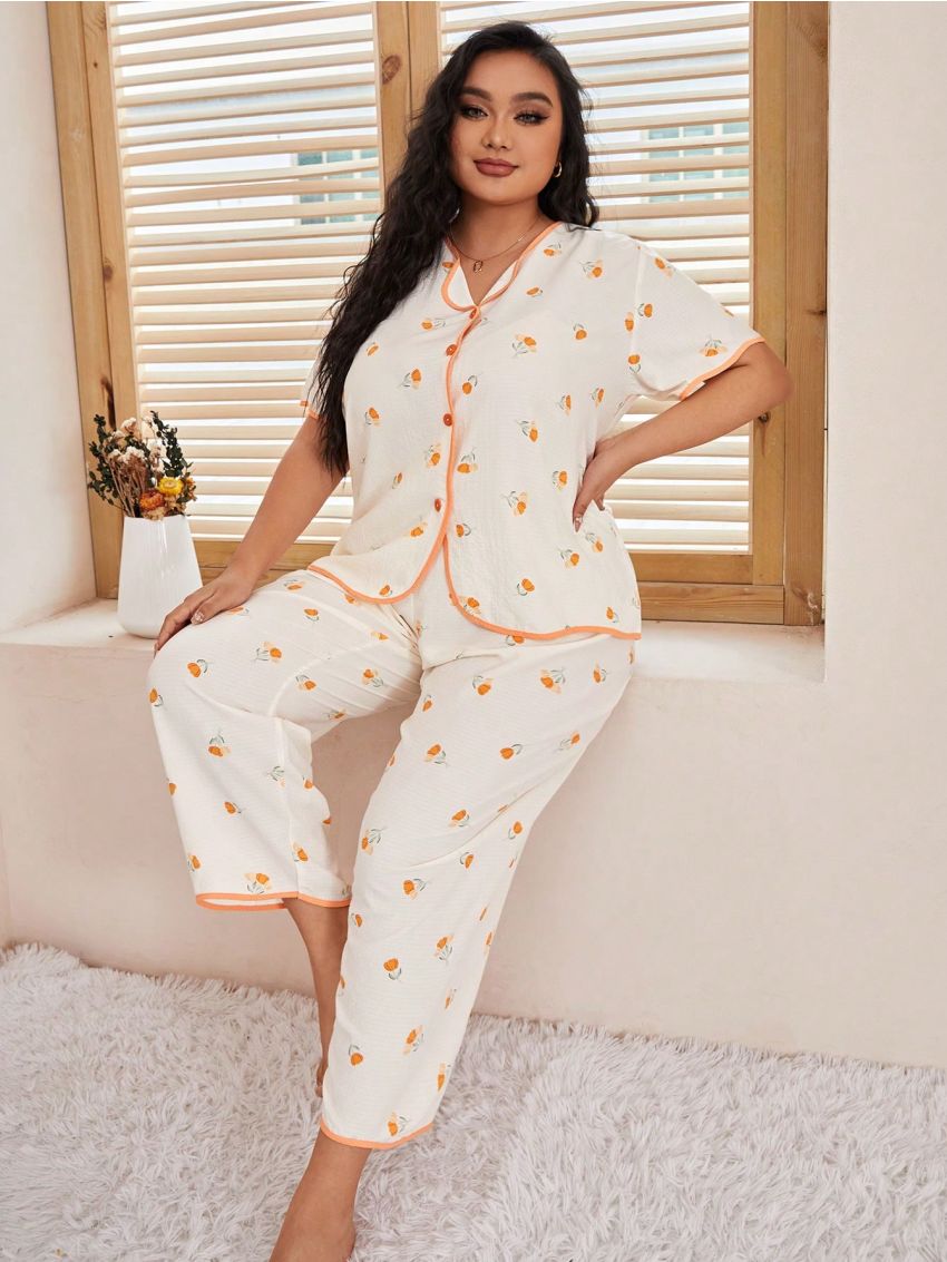 Plus Size Comfortable Loose Fit Floral Print Colorblock Pajama Set With Contrast Trim