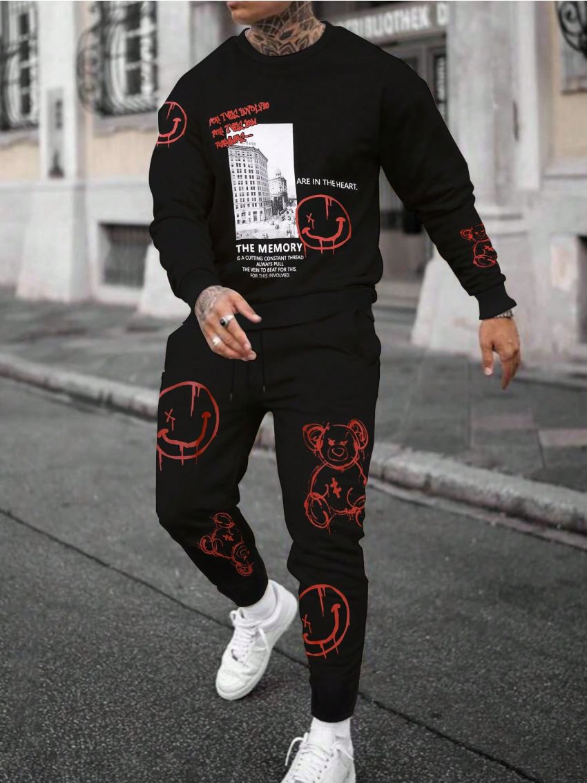 Manfinity LEGND Men'S Slogan Smiling Face Print Long Sleeve Sweatshirt And Sweatpants Set