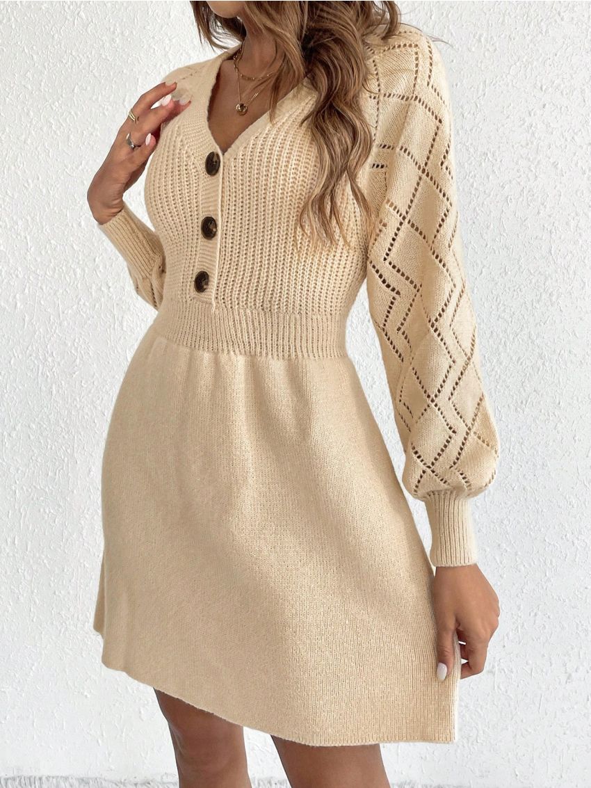 SHEIN Frenchy Women's V-neck Button Up Lantern Sleeve Knitting Sweater Dress