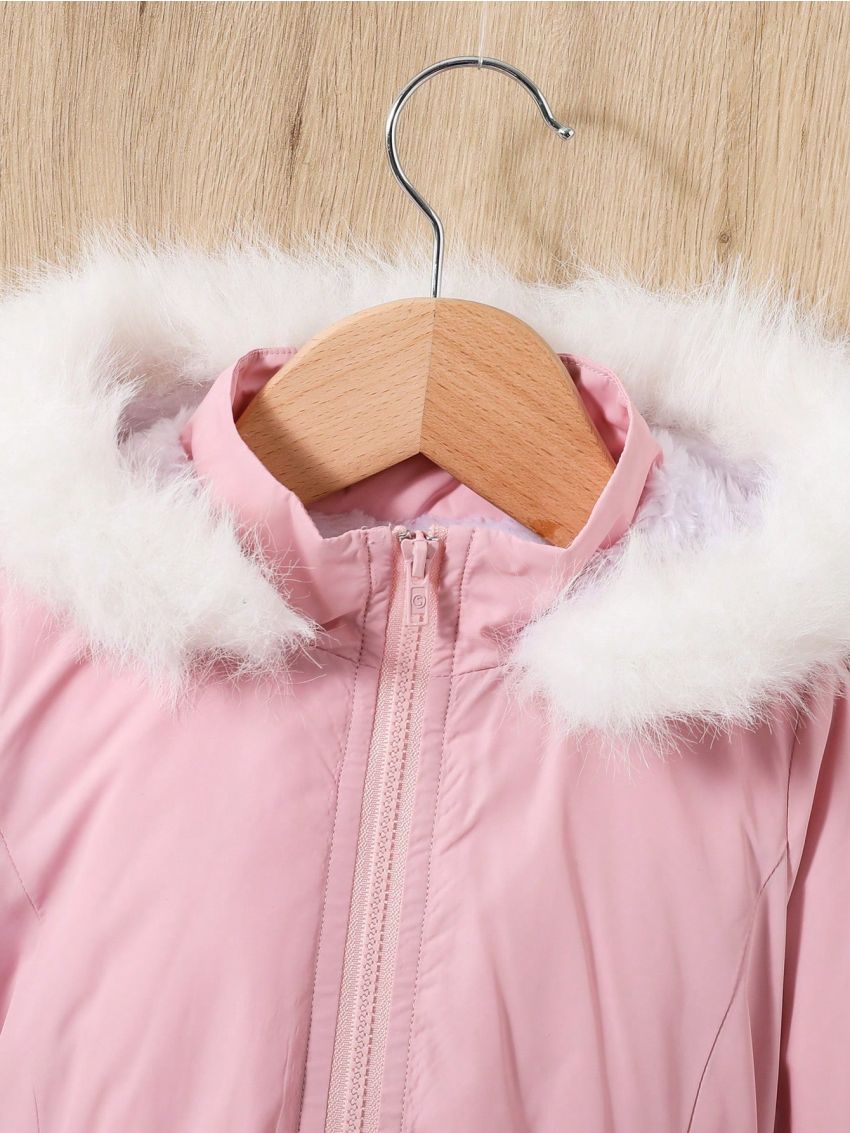 SHEIN Baby Girl Fuzzy Trim Hooded Belted Coat