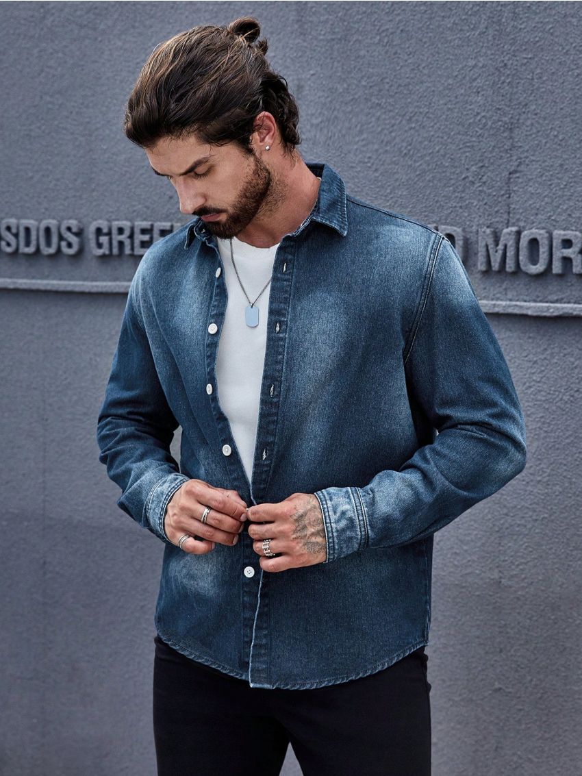 SHEIN Manfinity Homme Men Solid Button Front Denim Shirt