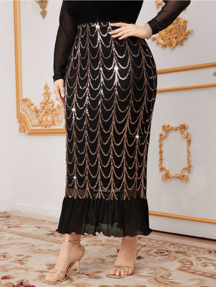 SHEIN Modely Plus Size Sequin Patchwork Mermaid Skirt
