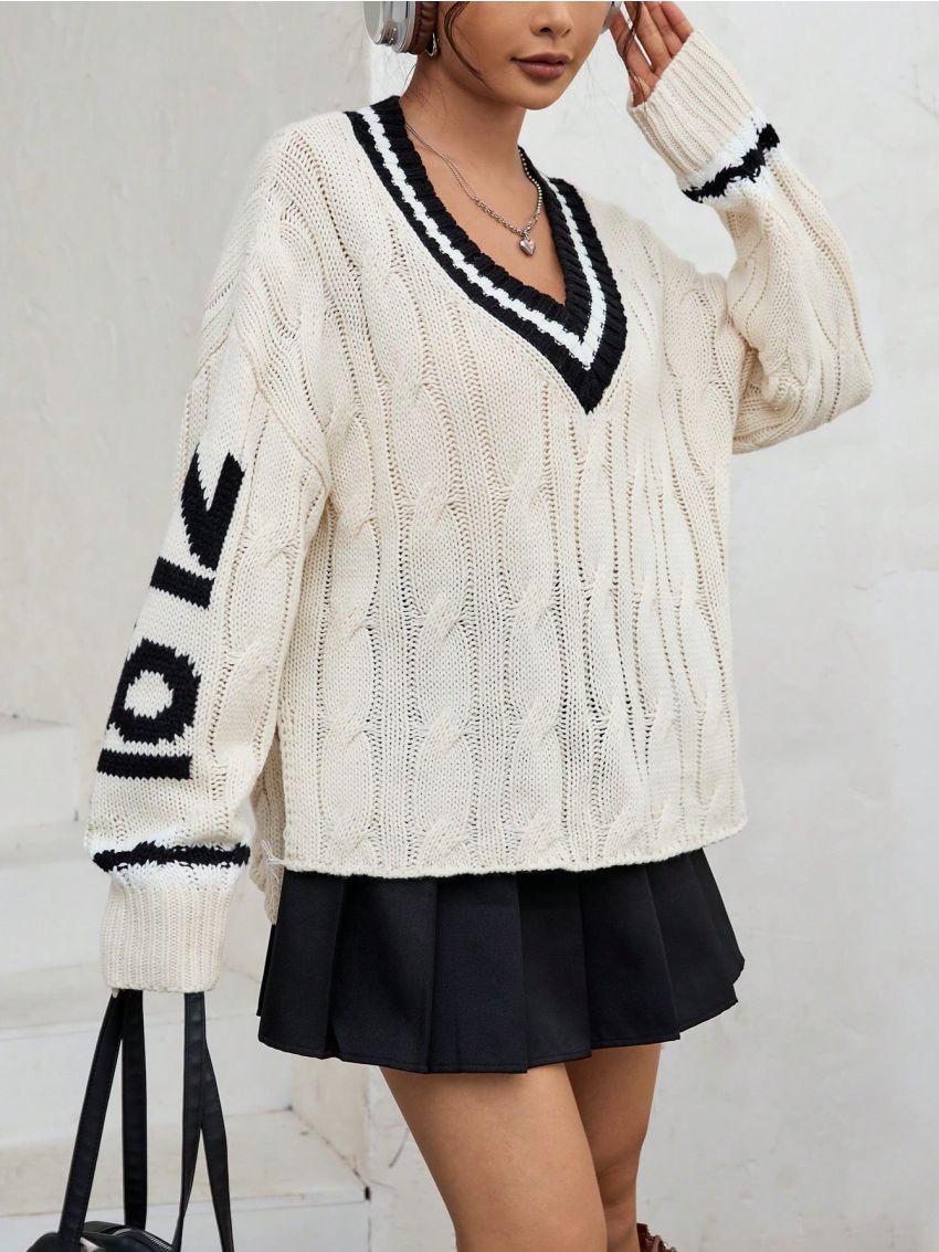 SHEIN Qutie Letter Pattern Striped Trim Drop Shoulder Cable Knit Sweater