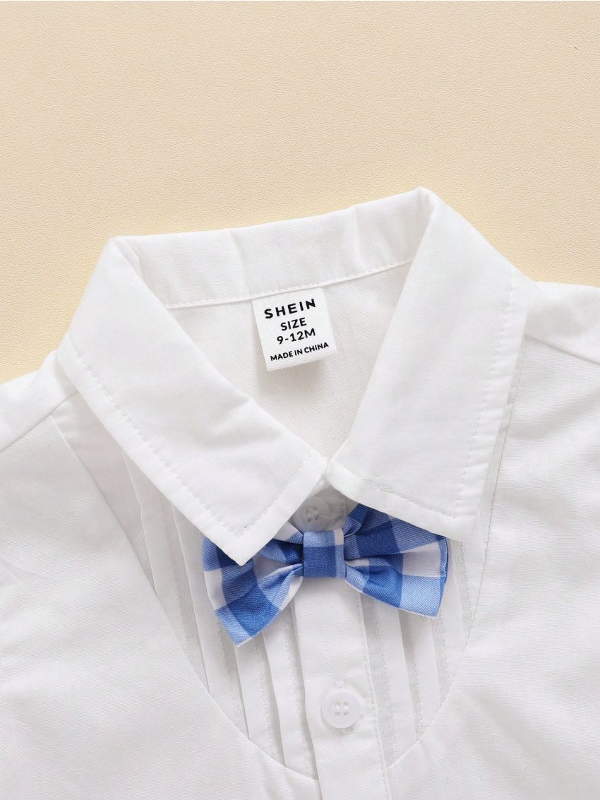 SHEIN Baby Boy'S Gentleman Suit White Short Sleeve Shirt + Bowtie Grid Suspenders Shorts Set