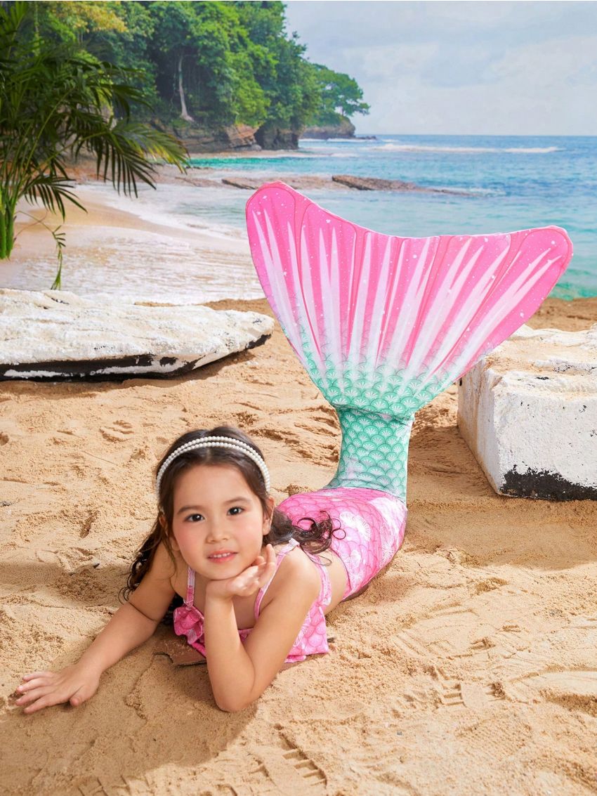 Little Girls' Fish Scale Printed Swimsuits 3pcs-Set